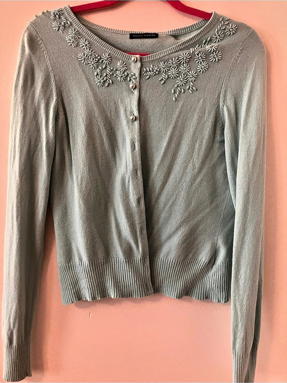 Valerie Stevens Beaded Crew Neck Cardigan mint green. Size medium